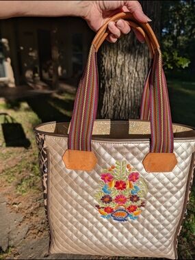 Isabel Classic Consuela Metallic Beige Tote w/ Colorful Embroidered Floral ❤️